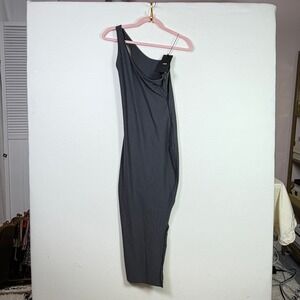SLNGHR Dark Gray One Shoulder Bodycon Side Slit Midi Dress Size M